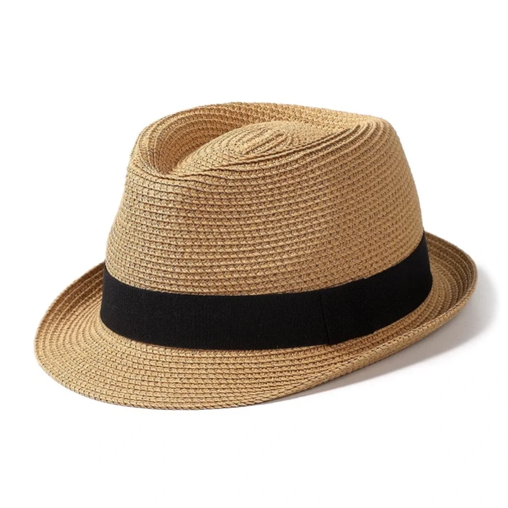 Narrow Brim Natural and Black Straw Fedora Style Hat - Picture 3 of 4